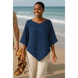 Michael Kors Kaftan Poncho Topper Size L/XL Blue Floral Boho Hippie Lagenlook